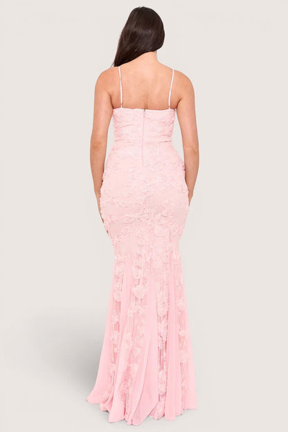 Back view of a Pink shop by maf dusty pink mermaid maxi dress with 3D floral lace, spaghetti straps, and chiffon train