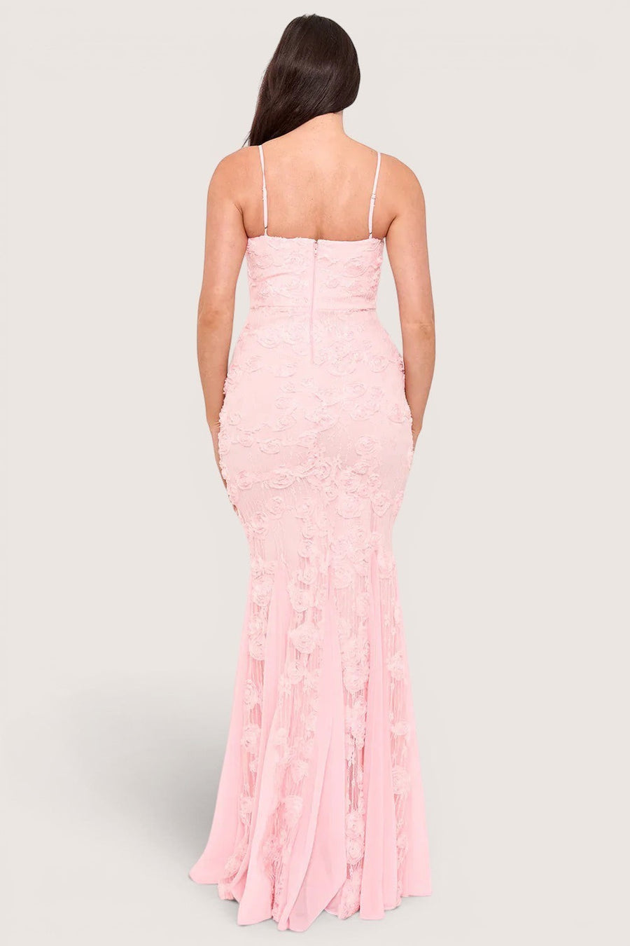 Back view of a Pink shop by maf dusty pink mermaid maxi dress with 3D floral lace, spaghetti straps, and chiffon train