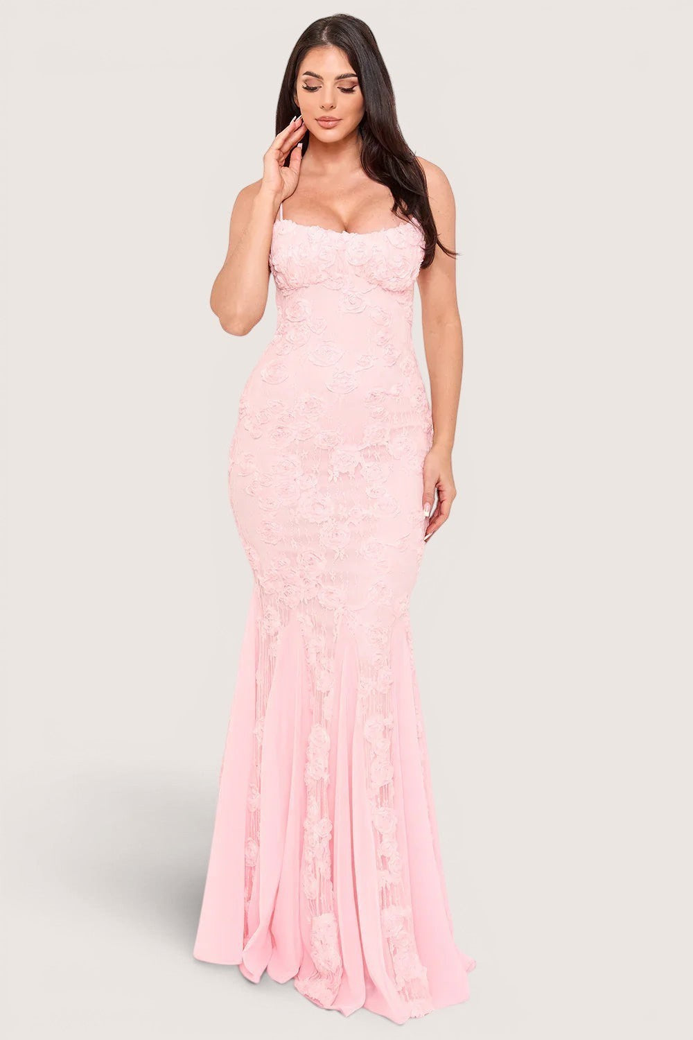 Pink shop by maf dusty pink mermaid maxi dress with 3D floral lace embroidery, sweetheart neckline, and spaghetti straps