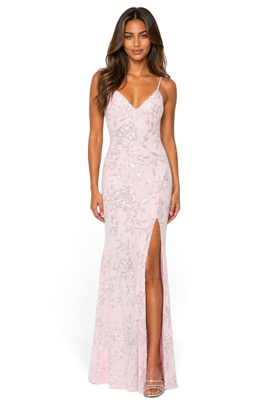 Pink shop by maf pink floral sequin mermaid gown with thin straps and a high leg slit worn by a model