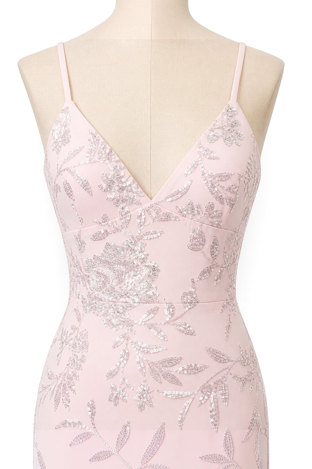 Pink shop by maf pink mermaid dress with floral sequin embroidery, spaghetti straps, and a V-neckline on a mannequin