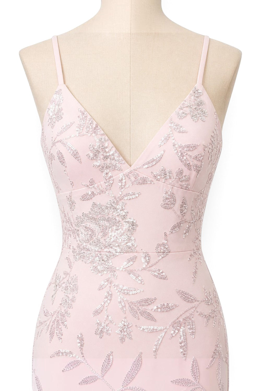 Pink shop by maf pink mermaid gown with floral sequin embroidery, V-neckline, and delicate spaghetti straps