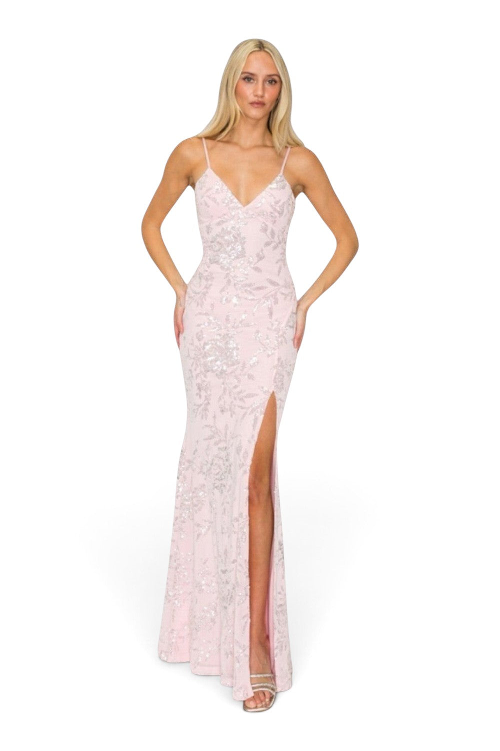 Pink shop by maf pink floral sequin mermaid floor-length gown with thin straps and a high leg slit on a blonde model