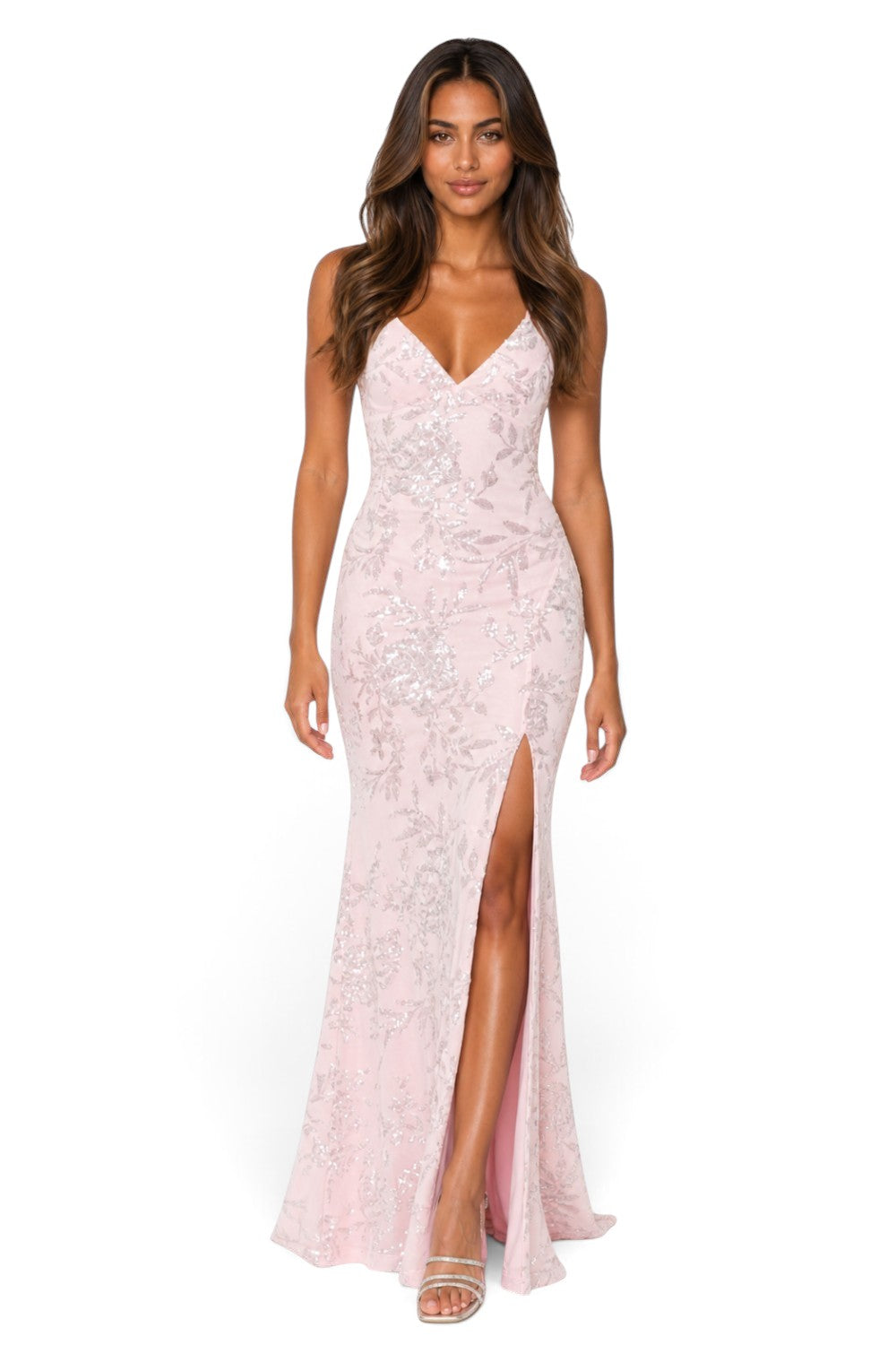Pink shop by maf floral sequin mermaid evening gown in light pink with thin straps and a high leg slit