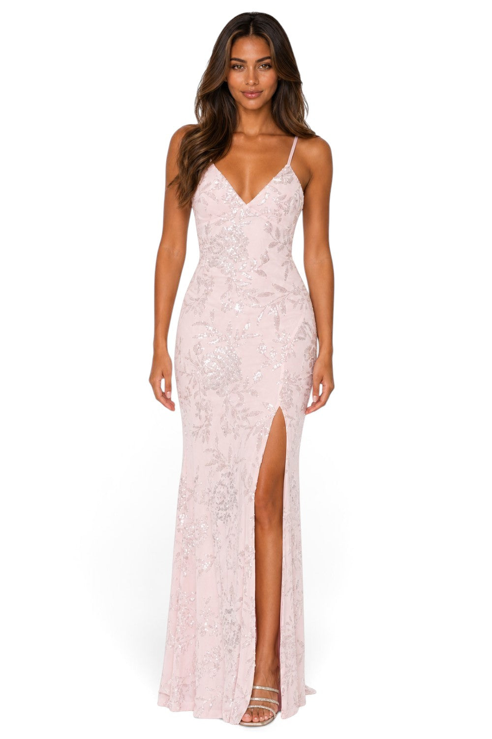 Pink shop by maf pink floral sequin mermaid gown with thin straps and a high leg slit worn by a model