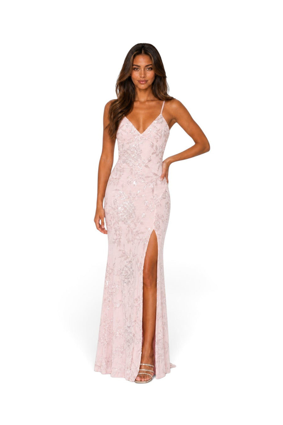 Pink shop by maf pink floral sequin mermaid gown with thin straps and a high leg slit worn by a model