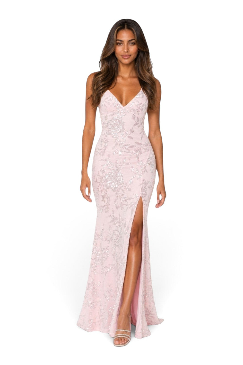 Pink shop by maf pink floral sequin mermaid gown with thin straps and a high leg slit on a model
