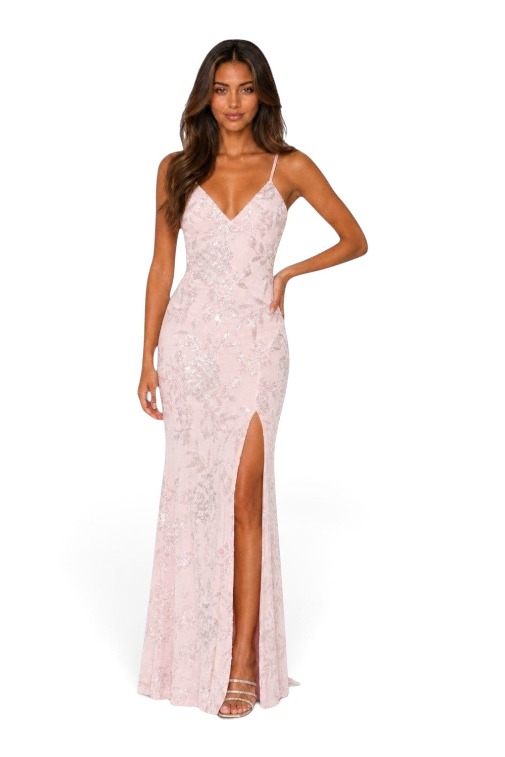 Pink shop by maf pink floral sequin mermaid floor-length gown with thin straps and a high leg slit on a model