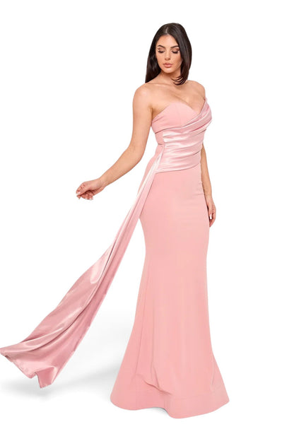 Pink shop by maf bridal rose mermaid gown with asymmetric draped bustier and flowing satin sash on a model