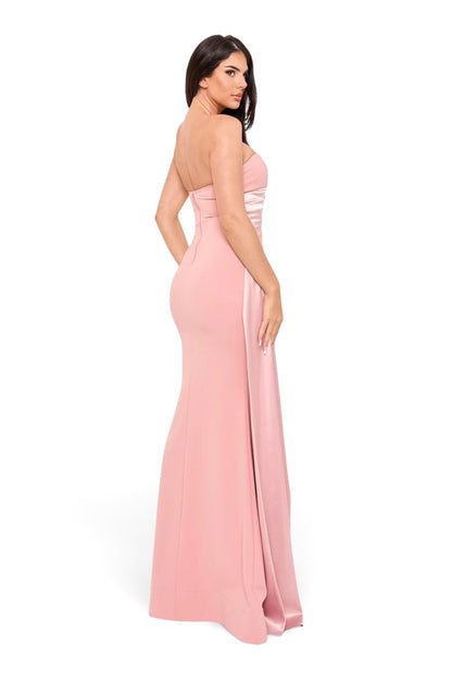 Pink shop by maf bridal rose strapless mermaid gown with draped bustier and flowing satin sash side view