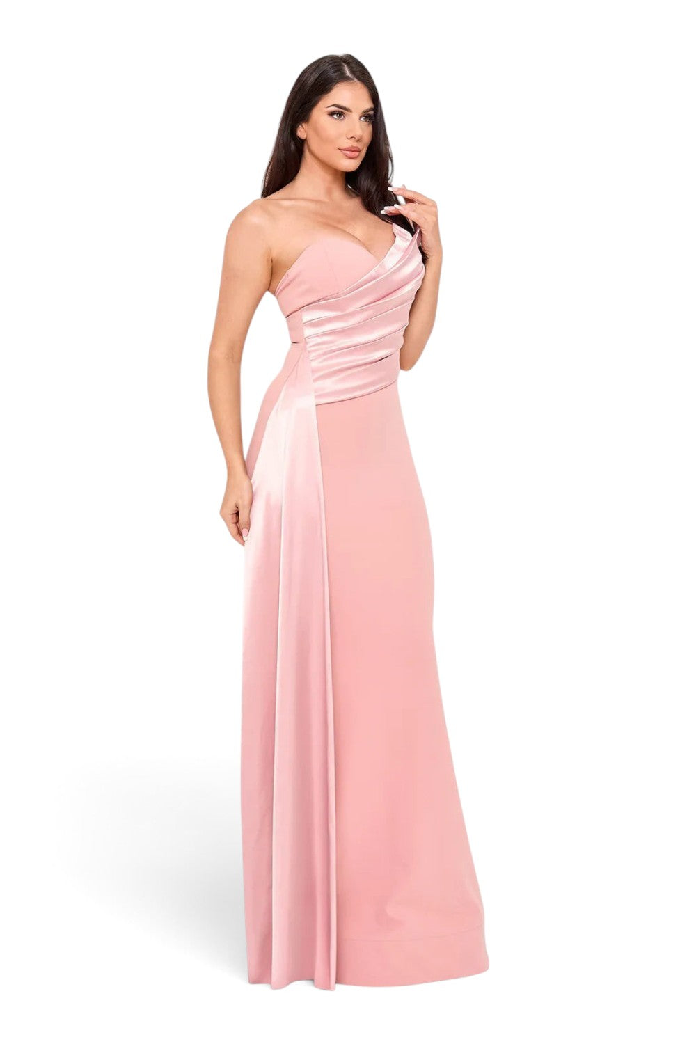 Pink shop by maf bridal rose mermaid gown with asymmetric draped satin bustier and flowing side sash