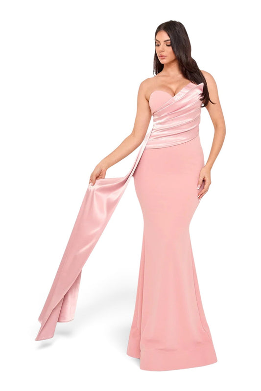 Pink shop by maf bridal rose mermaid gown with strapless asymmetric draped bustier and flowing satin side sash