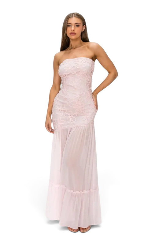 Pink shop by maf blush pink strapless midi dress with 3D floral lace bodice and sheer mesh skirt with ruffled hem