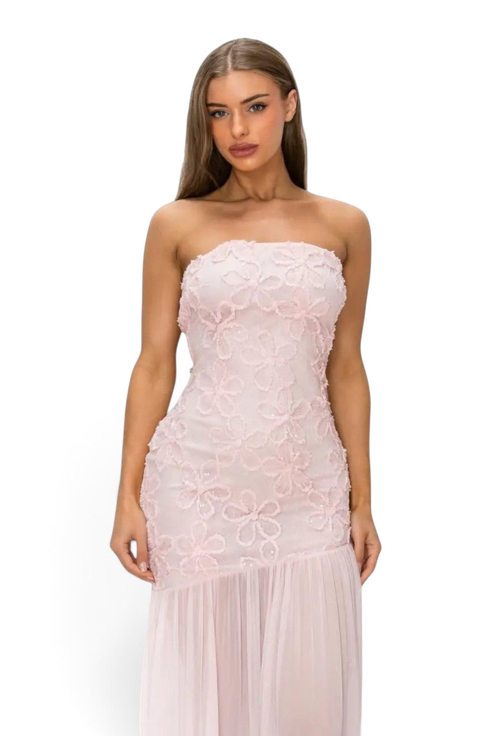 Pink shop by maf blush pink strapless midi dress with 3D floral lace bodice and sheer mesh skirt on a model