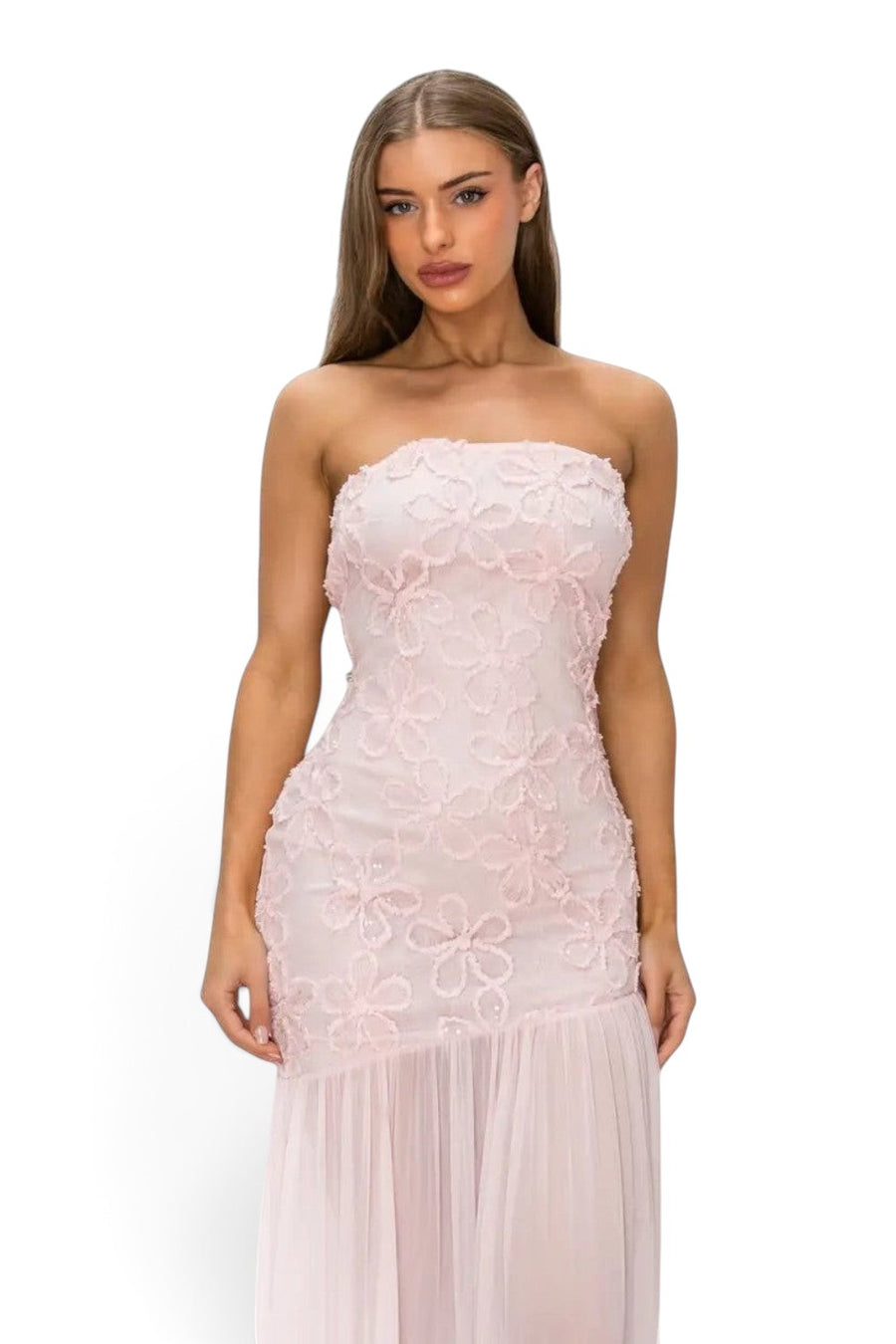 Pink shop by maf blush pink strapless midi dress with 3D floral lace bodice and sheer mesh skirt on a model