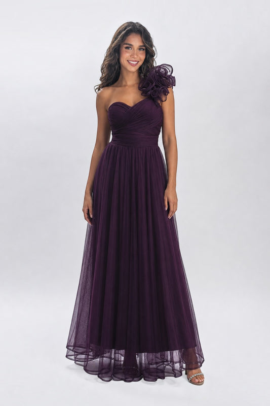 Pink shop by maf plum tulle evening gown with one-shoulder 3D floral detail, pleated bodice, and A-line skirt