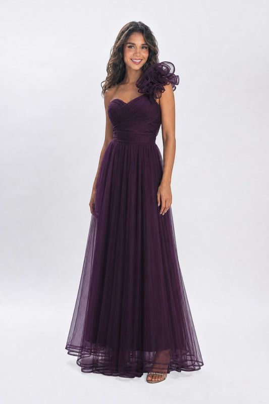 Pink shop by maf plum tulle evening gown with one-shoulder 3D floral detail, pleated bodice, and A-line skirt.