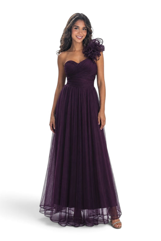 Pink shop by maf plum tulle evening gown with pleated sweetheart bodice, 3D floral shoulder detail, and A-line skirt.