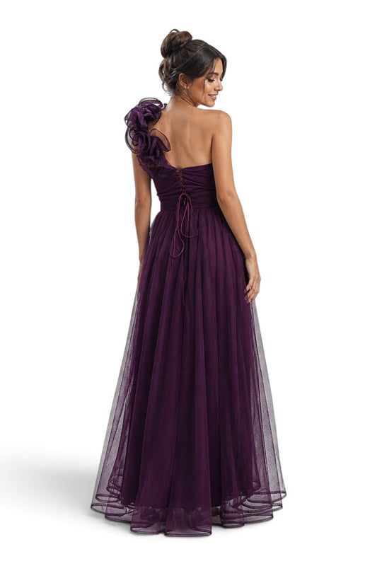 Pink shop by maf plum tulle evening gown with one-shoulder 3D flower detail, pleated bodice, and A-line skirt.