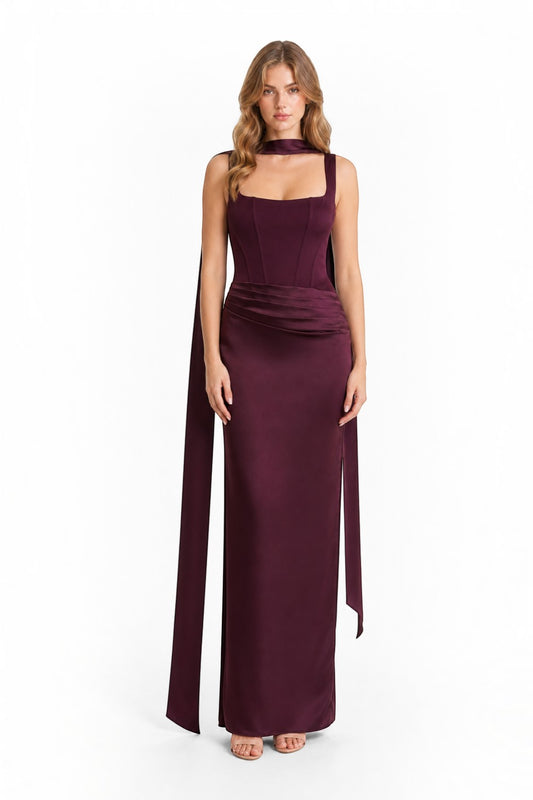 Pink shop by maf dark purple satin maxi dress with corset bodice, wide straps, hip draping, and matching neck scarf.
