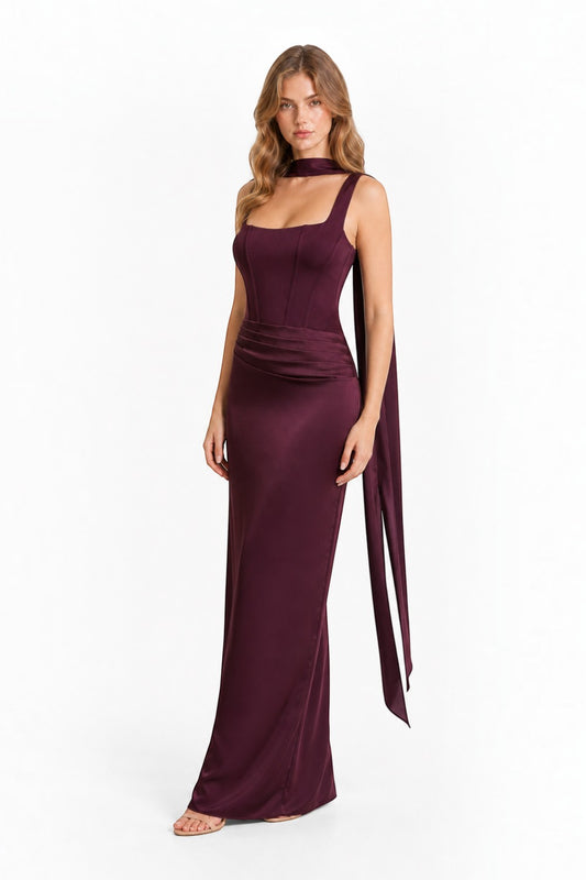 Pink shop by maf dark purple satin maxi dress with corset bodice, draped hip detail, and matching neck scarf.