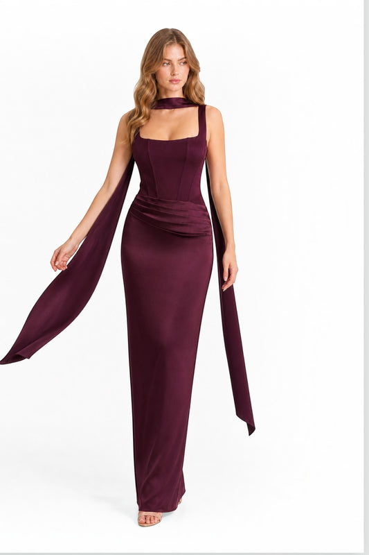 Pink shop by maf dark purple satin maxi dress featuring a corset bodice, wide straps, hip drape, and neck scarf.