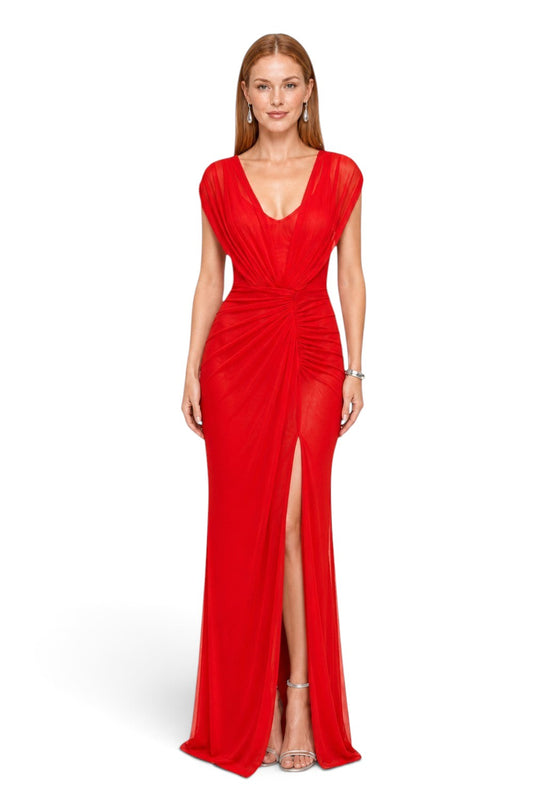Pink shop by maf red mesh evening gown with draped shoulders, knotted waist, and high leg slit on a model
