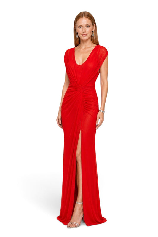Pink shop by maf red mesh maxi dress with draped shoulders, waist knot detail, and a high leg slit on a model.