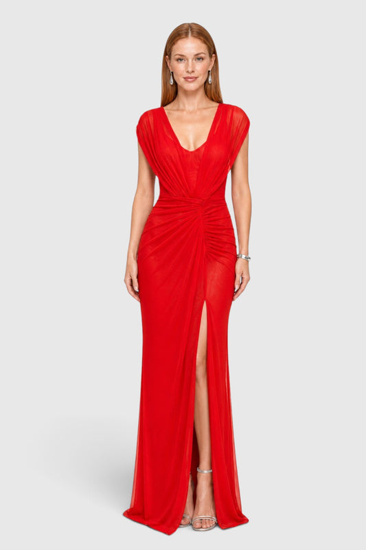 Pink shop by maf red mesh evening gown with draped shoulders, waist knot detail, and high leg slit on a model