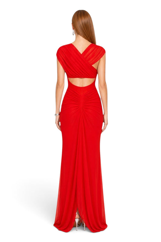 Pink shop by maf red mesh evening gown with draped shoulders, open back, and floor-length skirt on a model