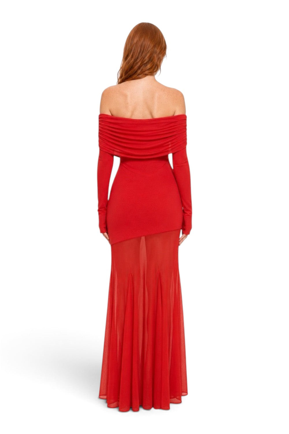 Pink shop by maf red off-shoulder maxi dress with long sleeves, draped bodice, and sheer mermaid skirt back view