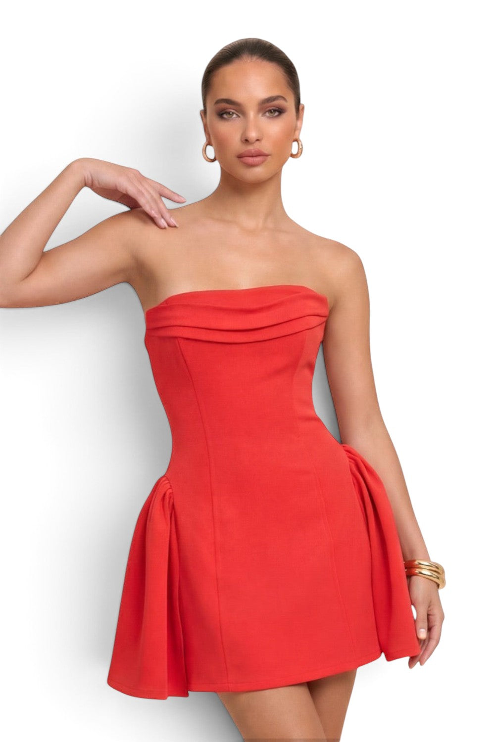Pink shop by maf red strapless mini dress with a folded neckline and voluminous hip godets on a model