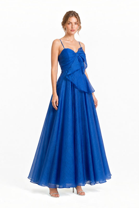 Pink shop by maf royal blue organza gala dress with thin straps, side bow detail, and a voluminous floor-length skirt.