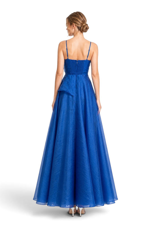 Pink shop by maf royal blue organza gala dress with thin straps and a voluminous skirt, back view on a model.