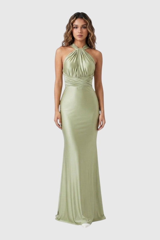 Pink shop by maf sage green satin mermaid evening gown with a versatile multi-way halter neck and floor-length hem.