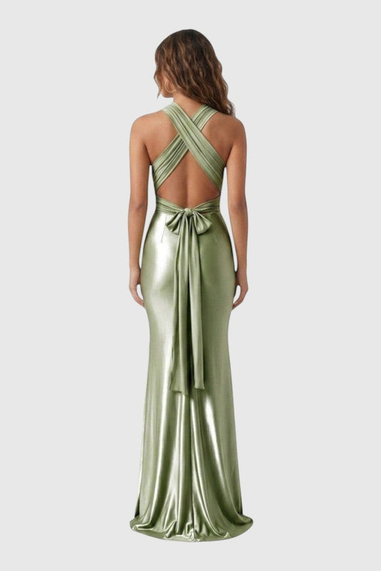 Pink shop by maf sage green satin mermaid evening gown with a multi-way cross-back design and floor-length train.