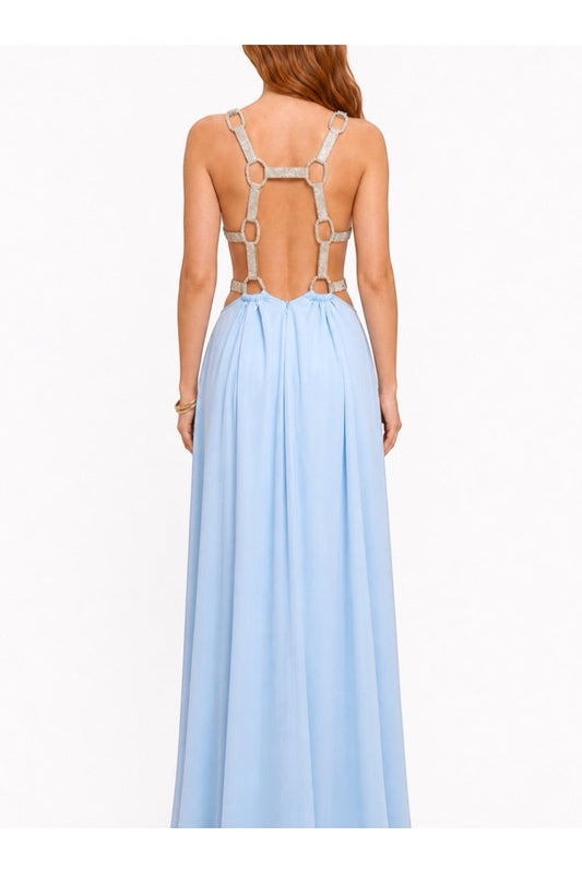 Pink shop by maf sky blue chiffon maxi dress with open back, deep V-neck, and decorative gold-tone hardware straps.
