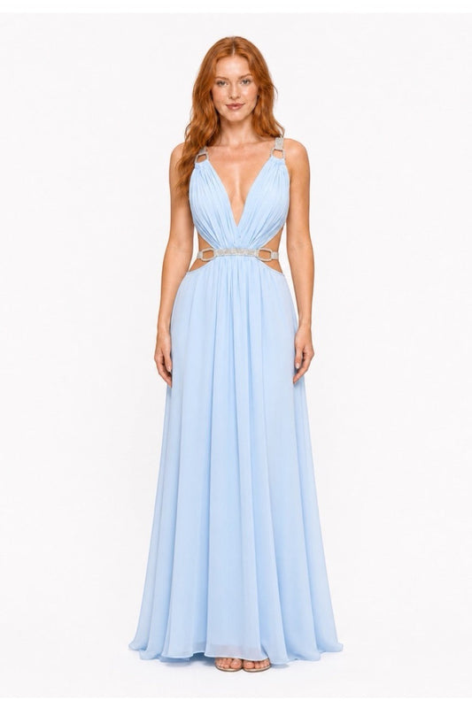 Pink shop by maf sky blue chiffon maxi dress with deep V-neck, waist cutouts, and gold hardware details on straps.