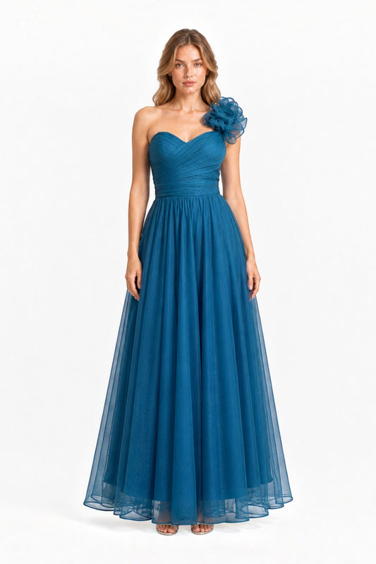 Pink shop by maf teal tulle evening gown with one-shoulder 3D floral detail, pleated bodice, and A-line skirt.
