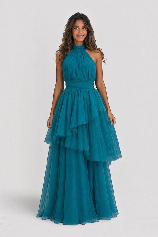 Pink shop by maf teal tulle halter neck evening gown with a gathered waist and tiered peplum skirt