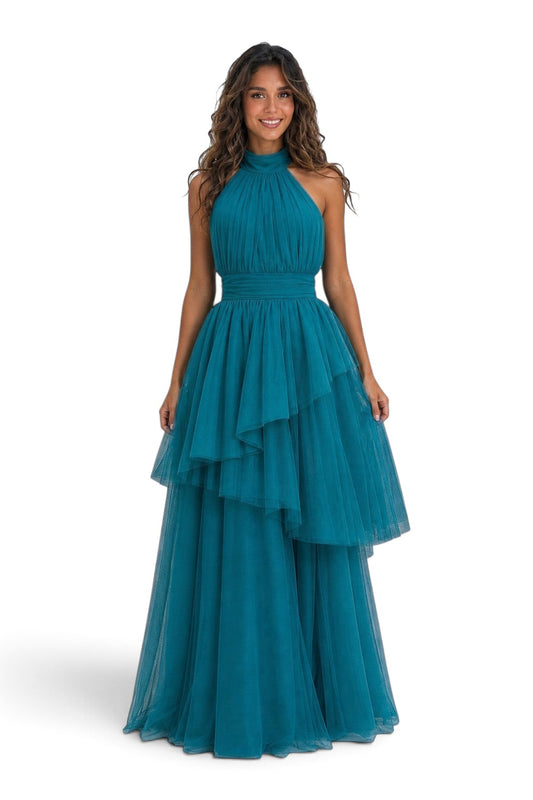 Pink shop by maf teal tulle halter gown featuring a high neck, gathered waist, and a tiered peplum skirt overlay.