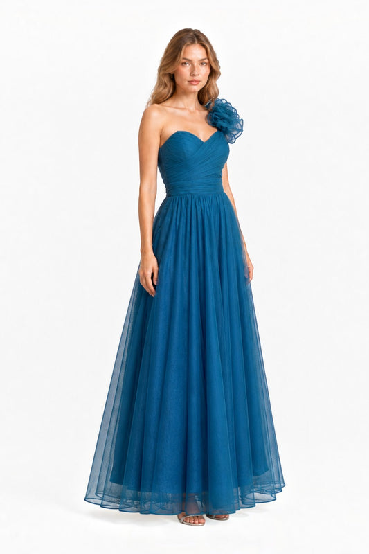 Pink shop by maf teal tulle evening gown with one-shoulder 3D floral detail, pleated bodice, and A-line skirt.