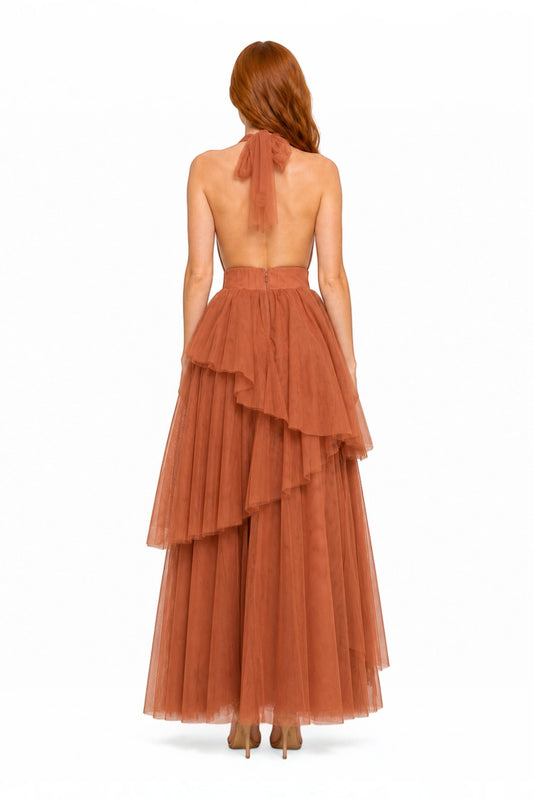 Pink shop by maf terracotta tulle halter gown with tiered skirt and back bow detail, back view
