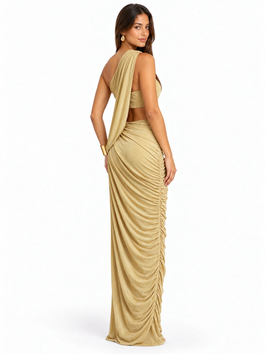 Pink shop by maf gold one-shoulder maxi dress back view with draped sash