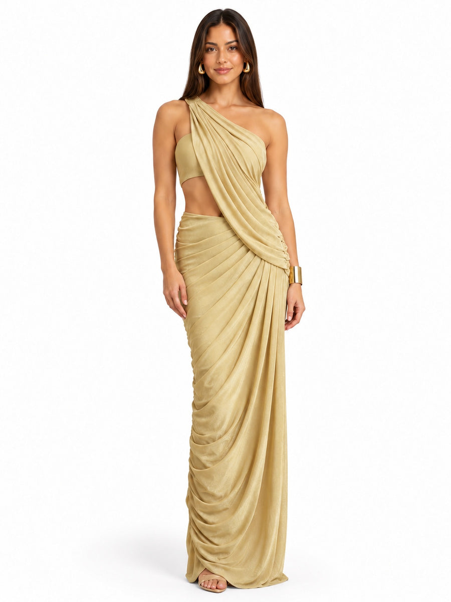 Pink shop by maf gold metallic one-shoulder draped maxi dress with waist cut-out and ruched skirt, front view
