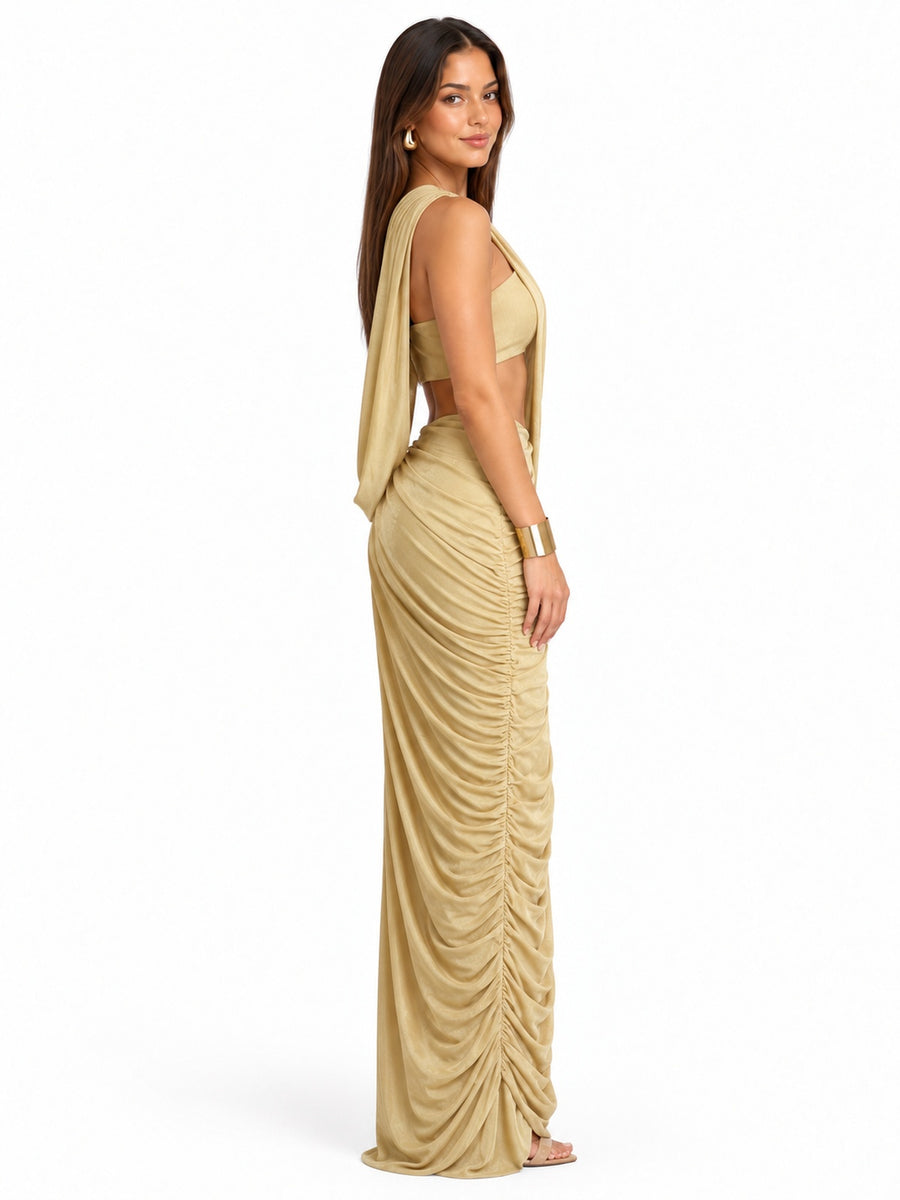 Pink shop by maf gold draped one-shoulder maxi dress side view