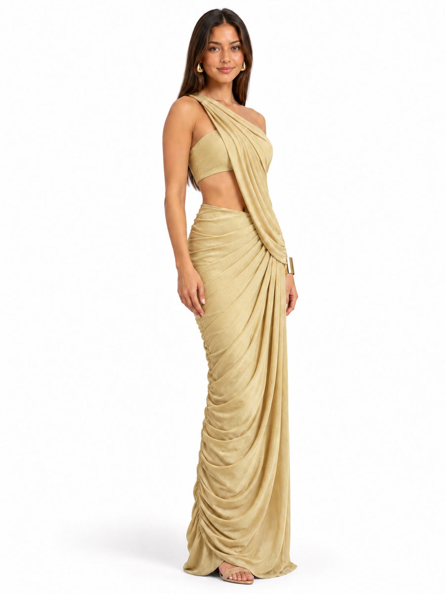 Pink shop by maf gold metallic one-shoulder gown with cut-out waist, three-quarter view