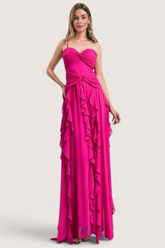Pink shop by maf vestido largo coral con escote drapeado tipo corazón y cascada de olanes en chiffon ligero