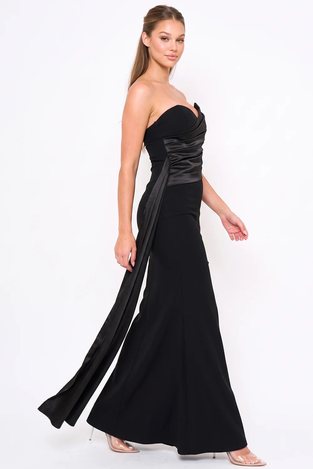 Pink shop by maf black mermaid evening gown side view with draped satin bustier and flowing sash