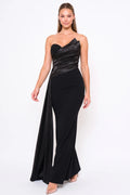 Vestido Largo Negro Sirena Bustier Drapeado Sash Satin